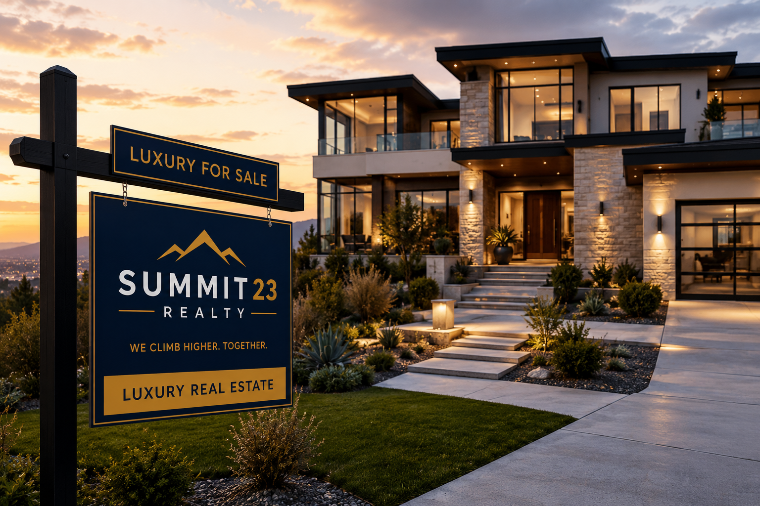 Summit 23 Realty agents walking together in a modern neighborhood at sunset