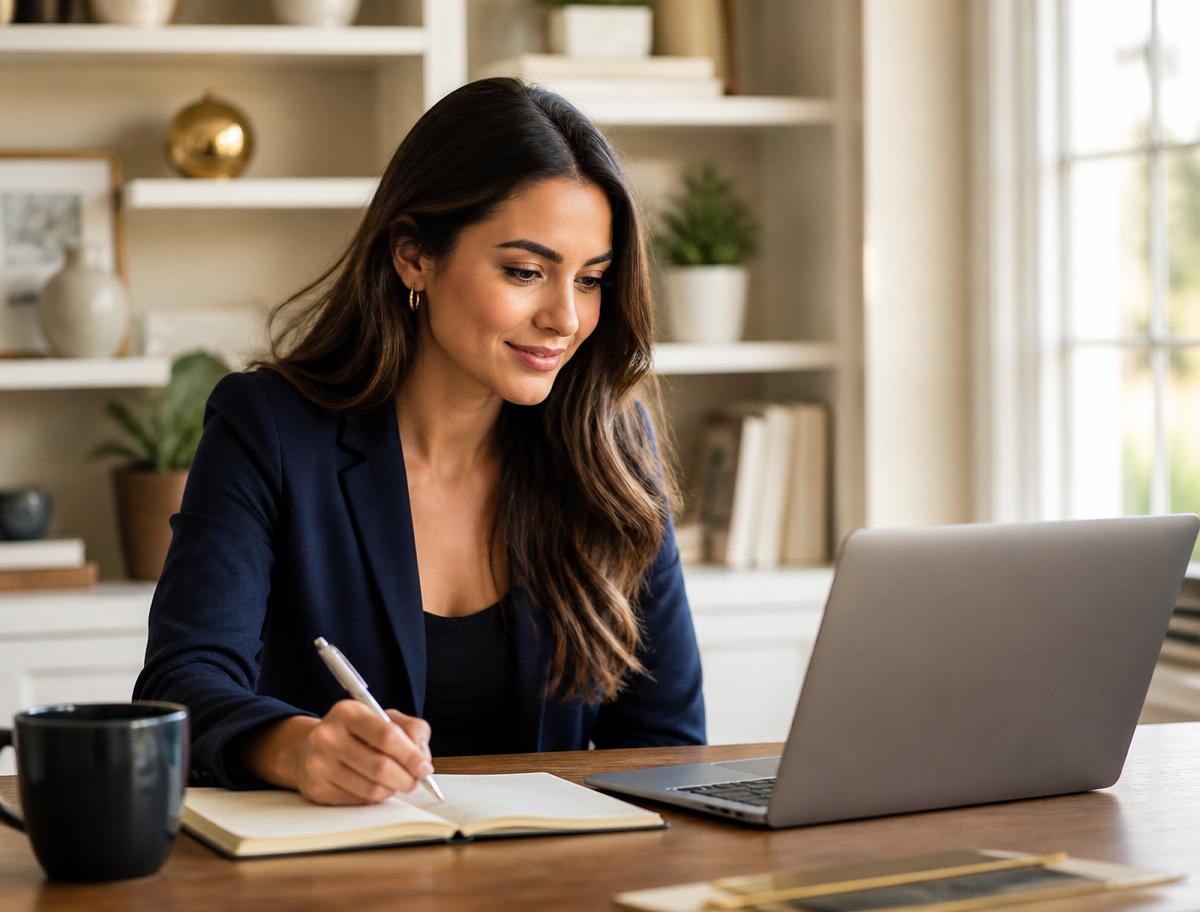 Real estate agent completing self-paced training on a laptop in a bright home office