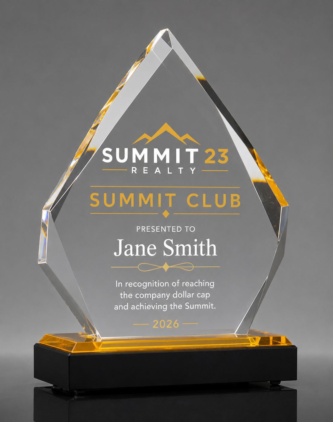 Summit Club crystal award engraved with the Summit 23 Realty logo