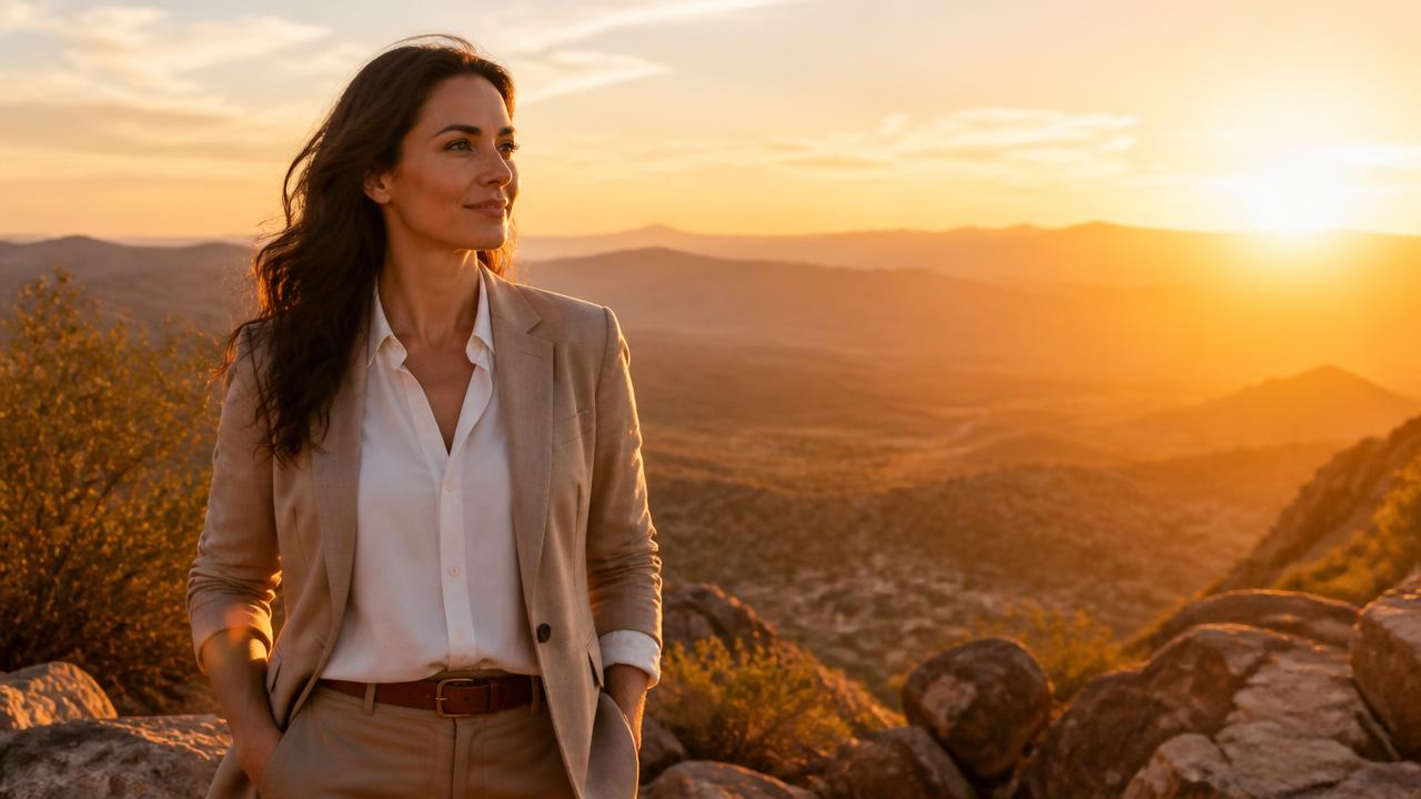 Real estate professional at a Nevada mountain overlook in golden hour light