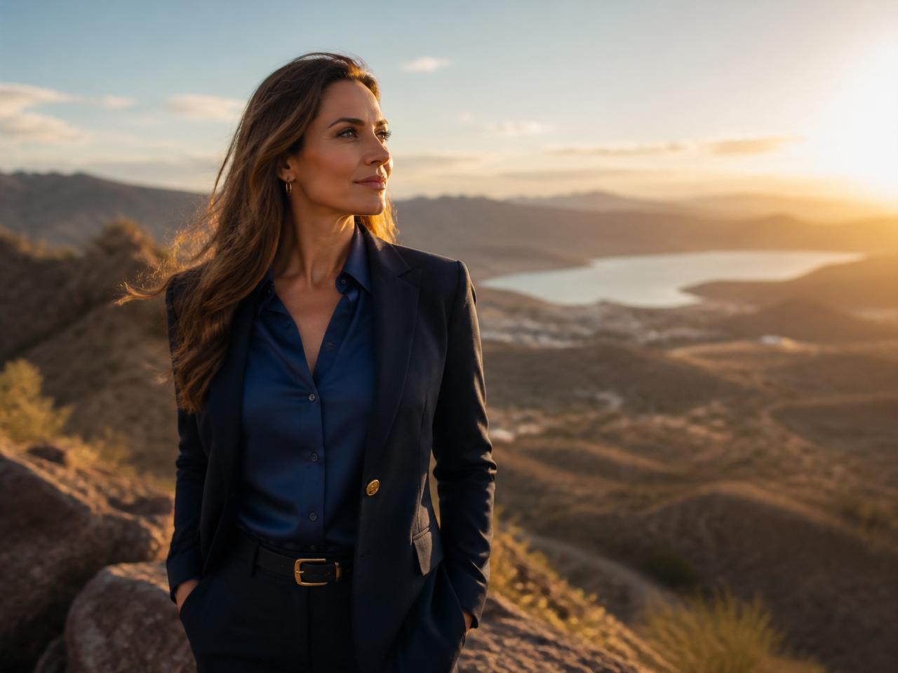 Summit 23 Realty agent looking out over a Nevada mountain overlook at golden hour