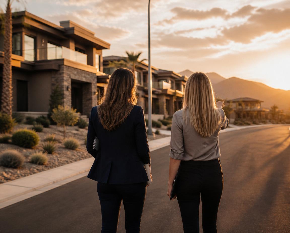 Two Summit 23 Realty agents walking together toward luxury homes at sunset