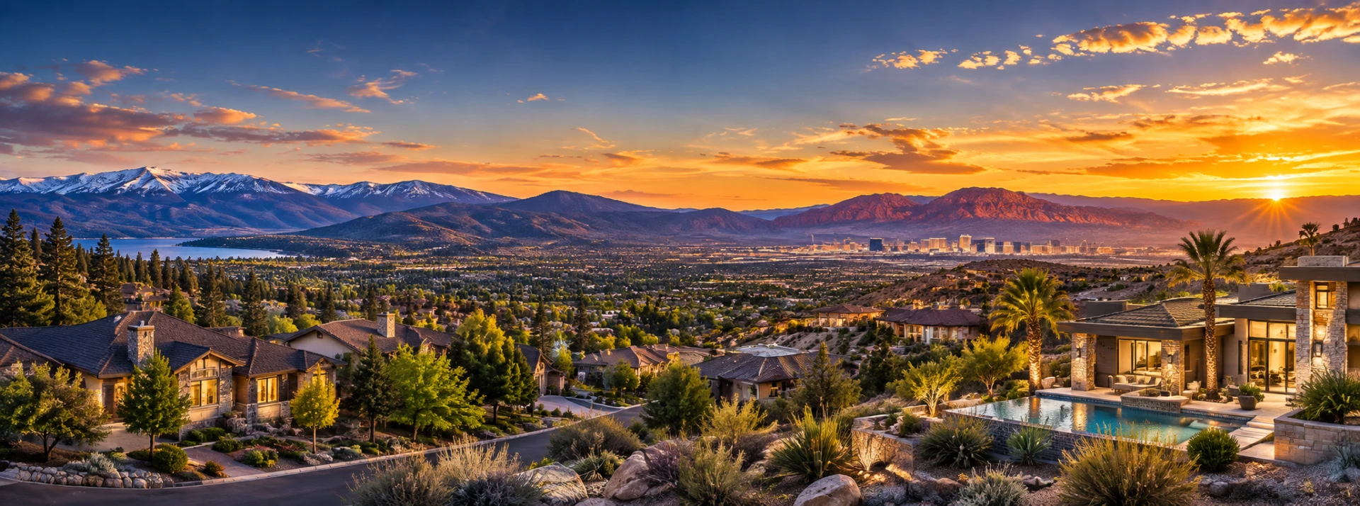 Panoramic Nevada valley at sunset with mountains, city skyline, and luxury homes