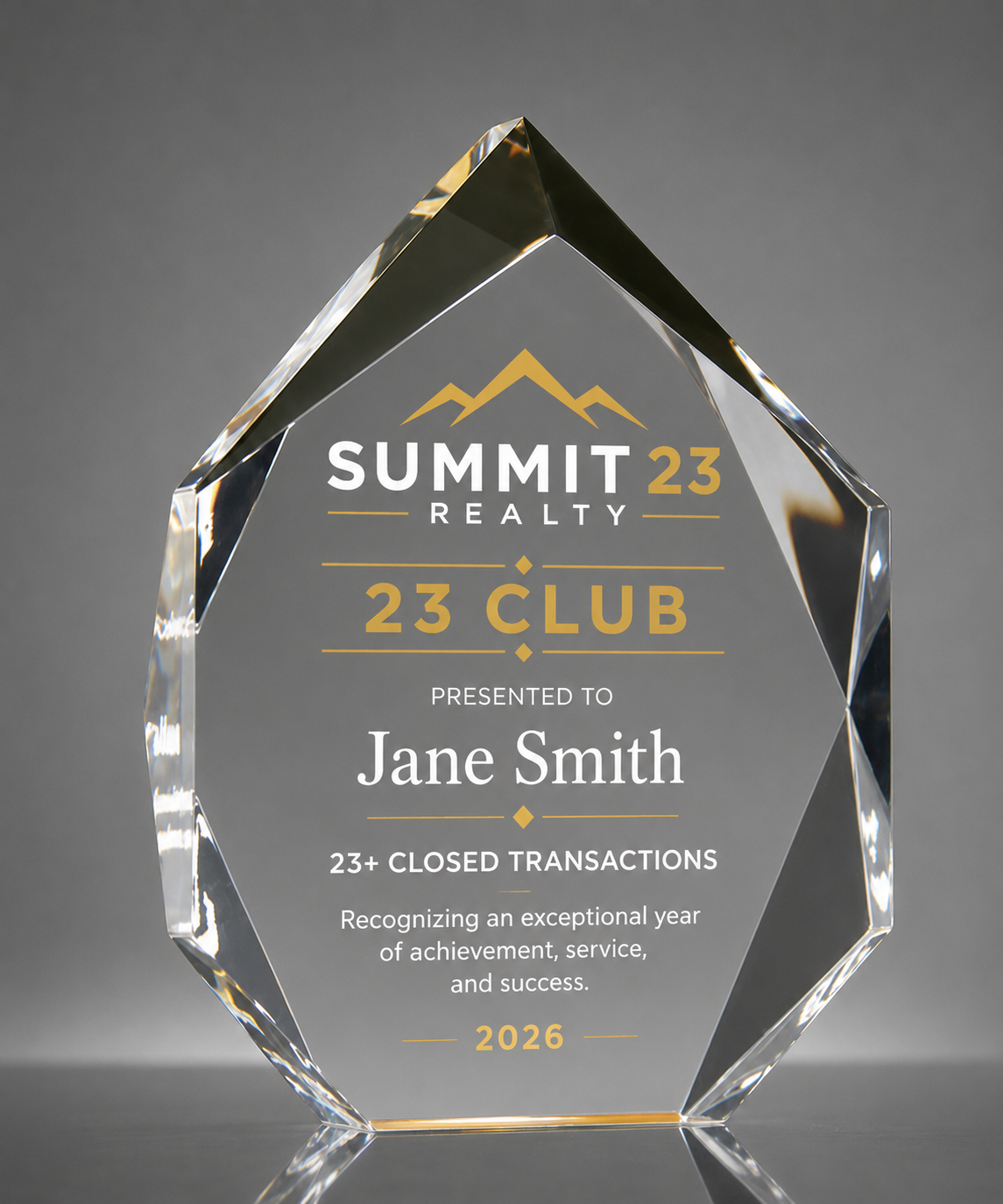 23 Club crystal award engraved with the Summit 23 Realty logo