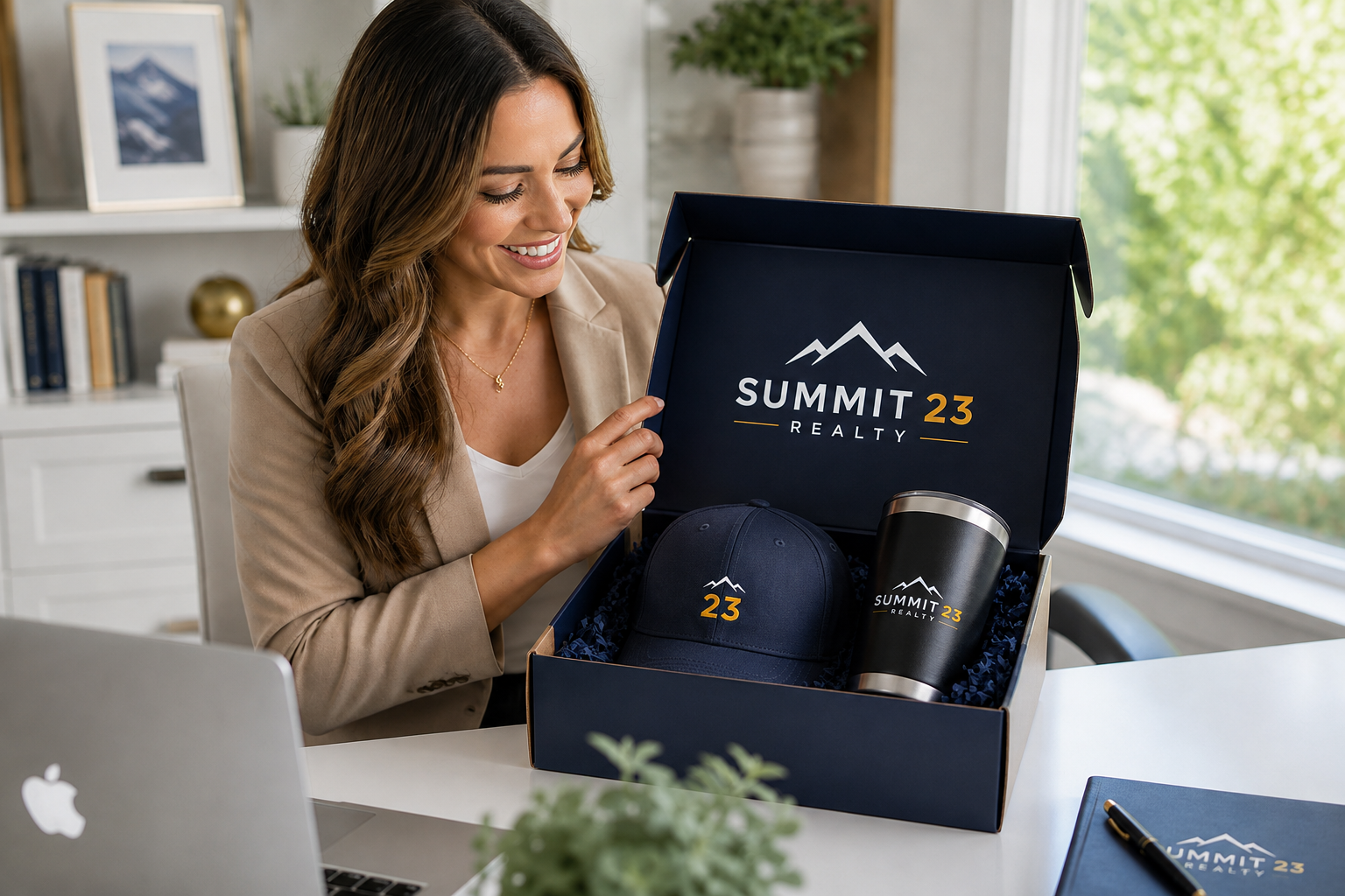 Real estate agent opening a Summit 23 welcome kit box with branded navy cap and insulated tumbler