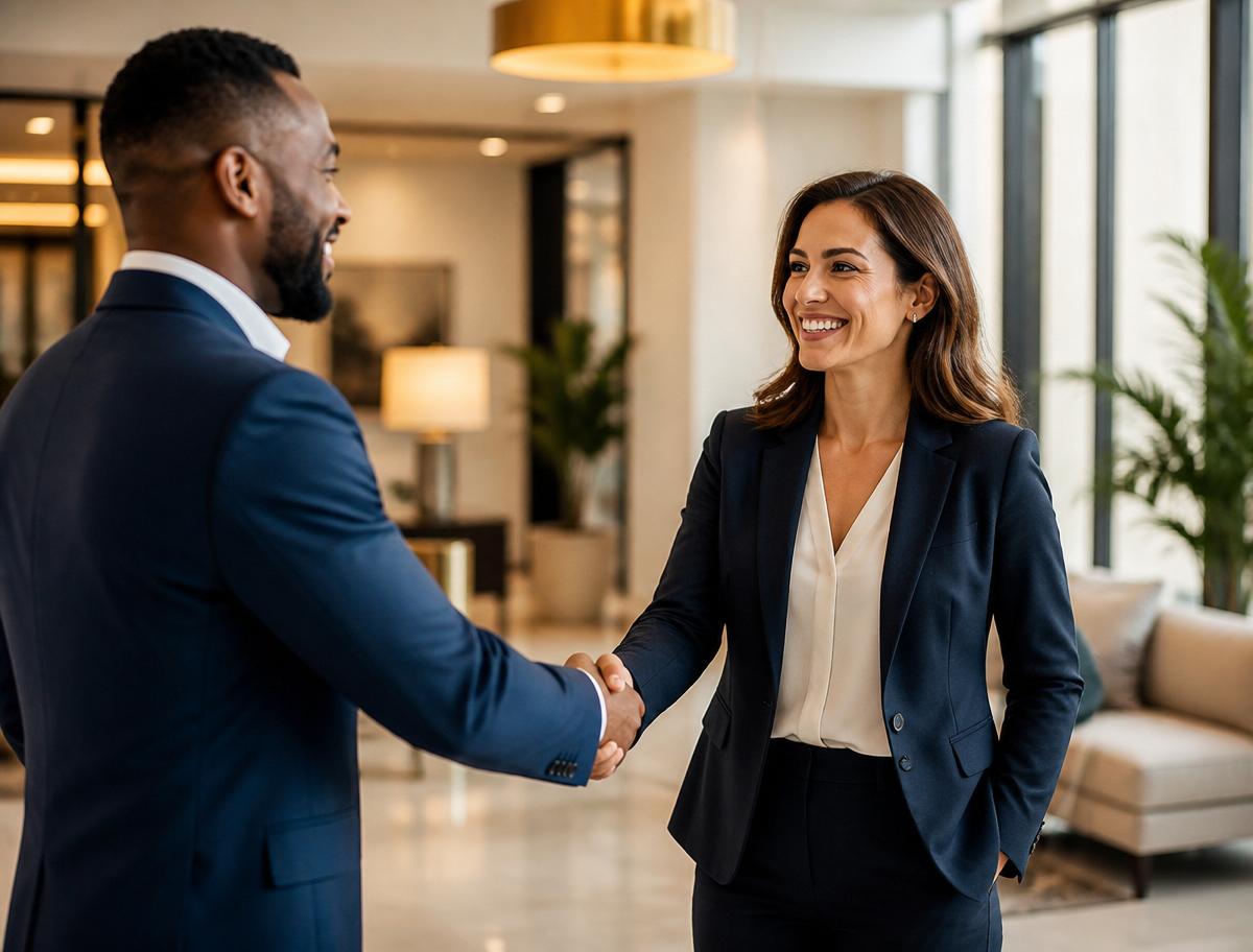 Two Summit 23 Realty agents shaking hands in a bright modern office lobby