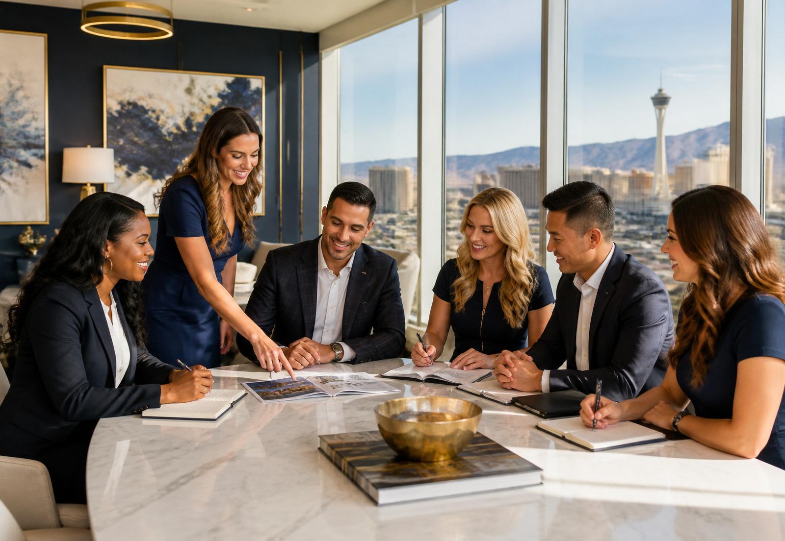 Real estate professionals collaborating with the Las Vegas skyline behind them