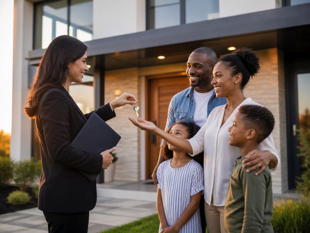 Agent handing keys to a happy family