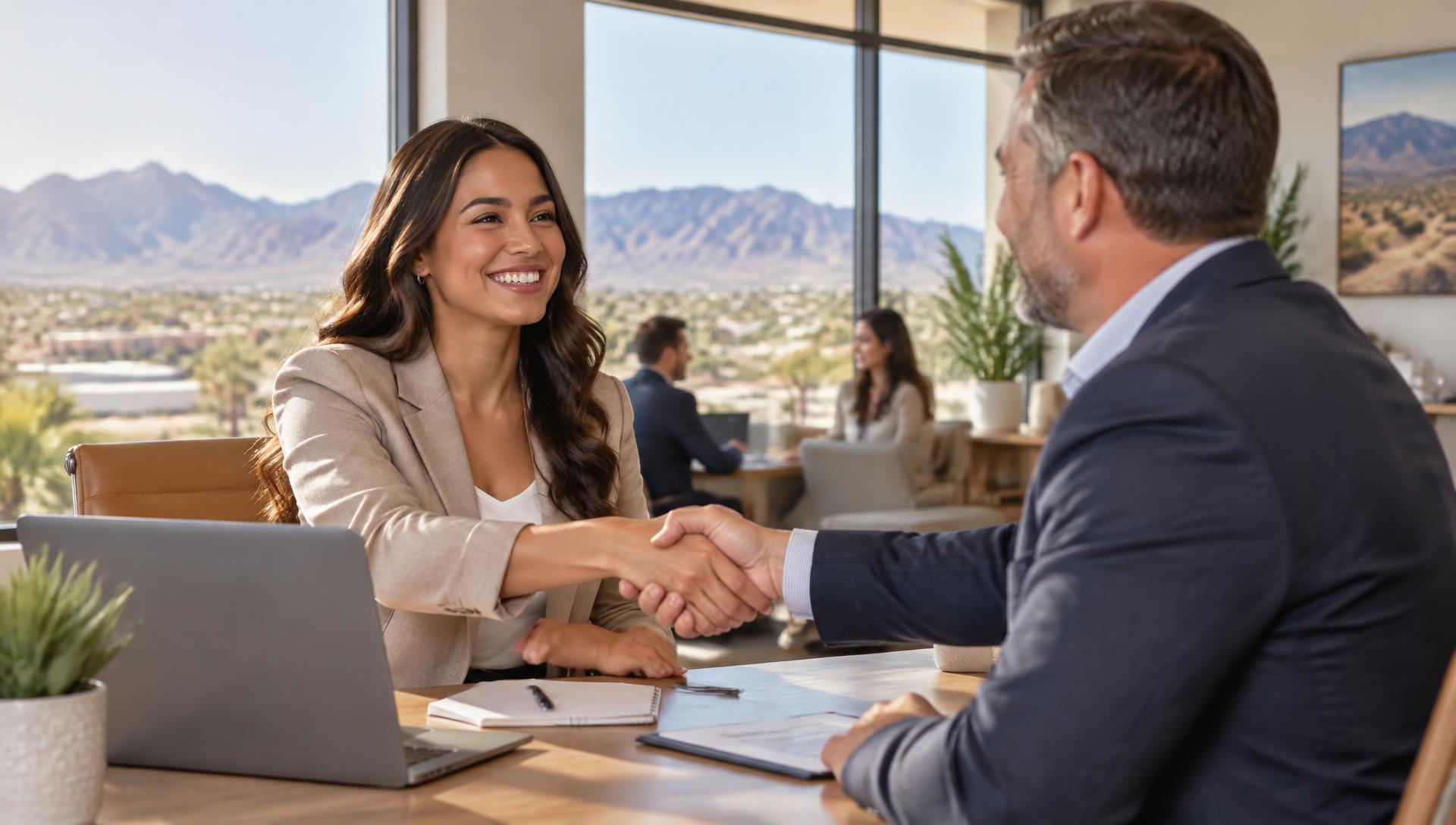New real estate agent shaking hands with an experienced coach in a modern Nevada office