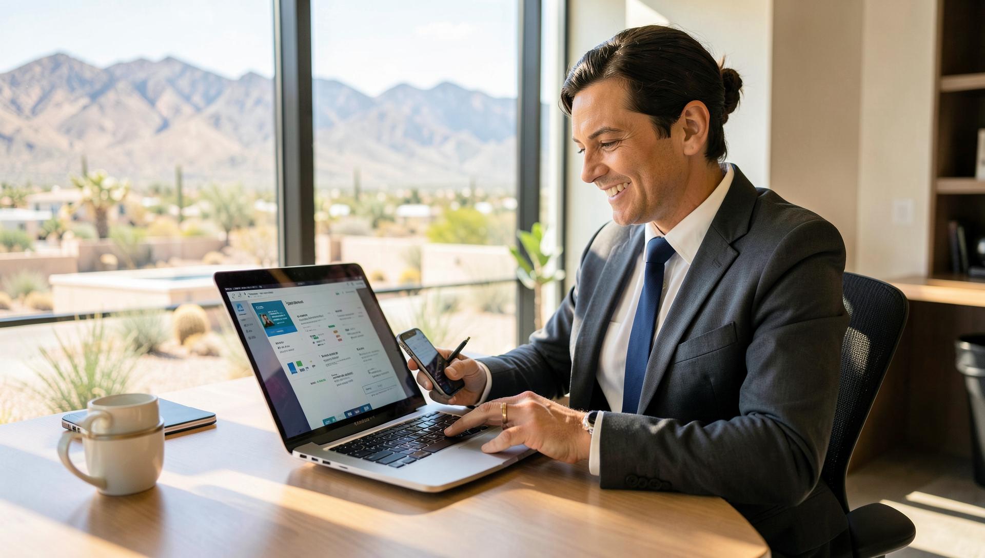 Nevada real estate agent reviewing new client leads on a laptop and phone in a sunlit office