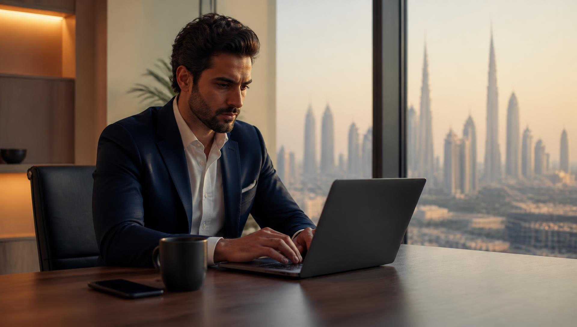 Real estate agent working on a laptop in a sunlit office overlooking the city