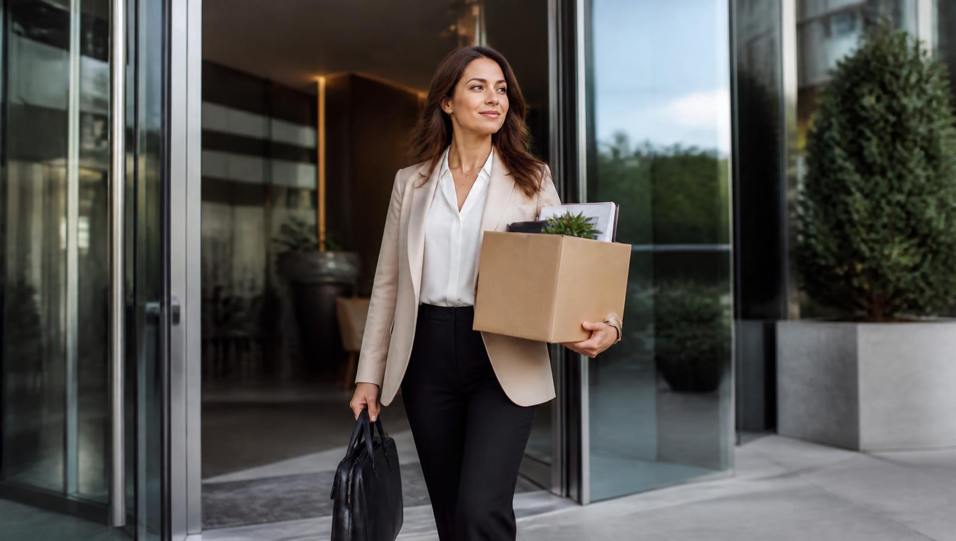 Real estate agent leaving an office with a box of belongings