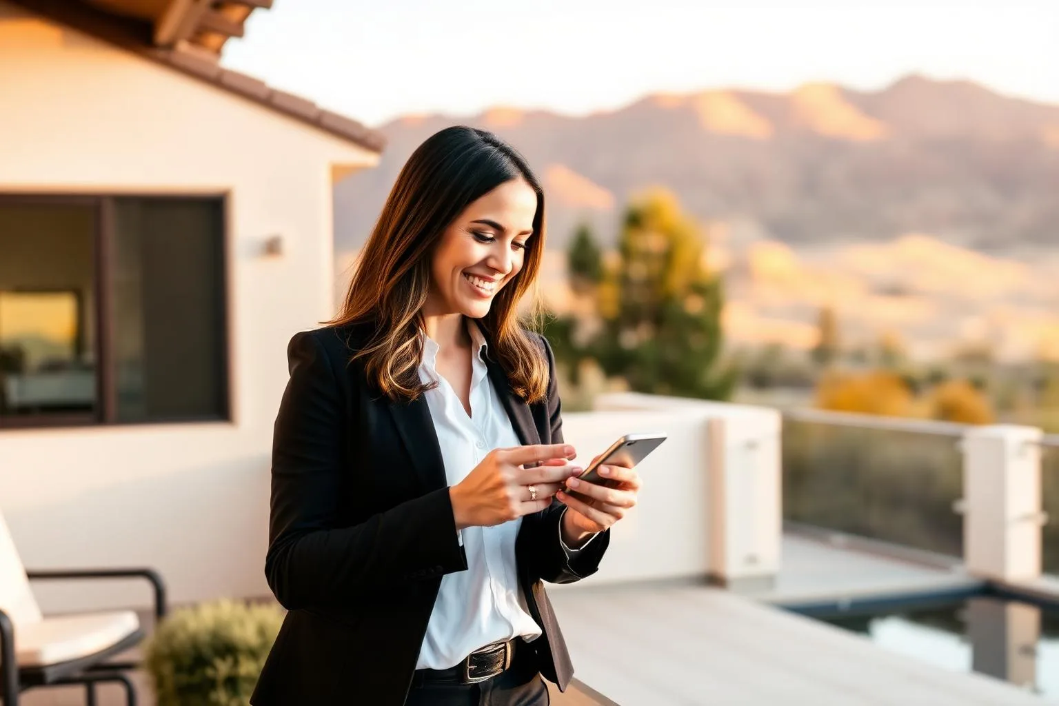 Summit 23 Realty agent engaging leads on her phone from the patio of a luxury Nevada home at golden hour